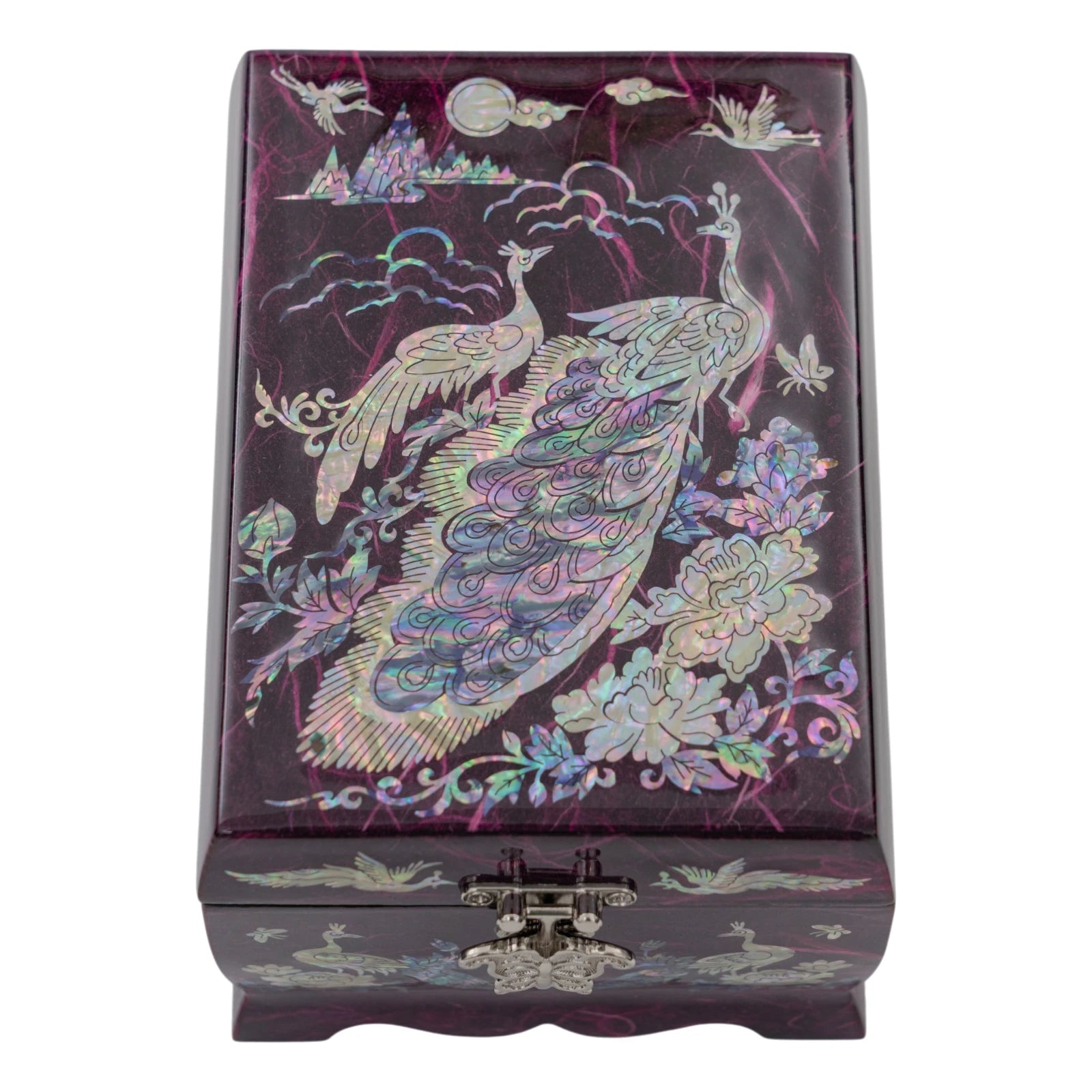 Top-down view of a purple textured jewelry box with iridescent peacocks and floral inlays, secured by a decorative silver butterfly latch.