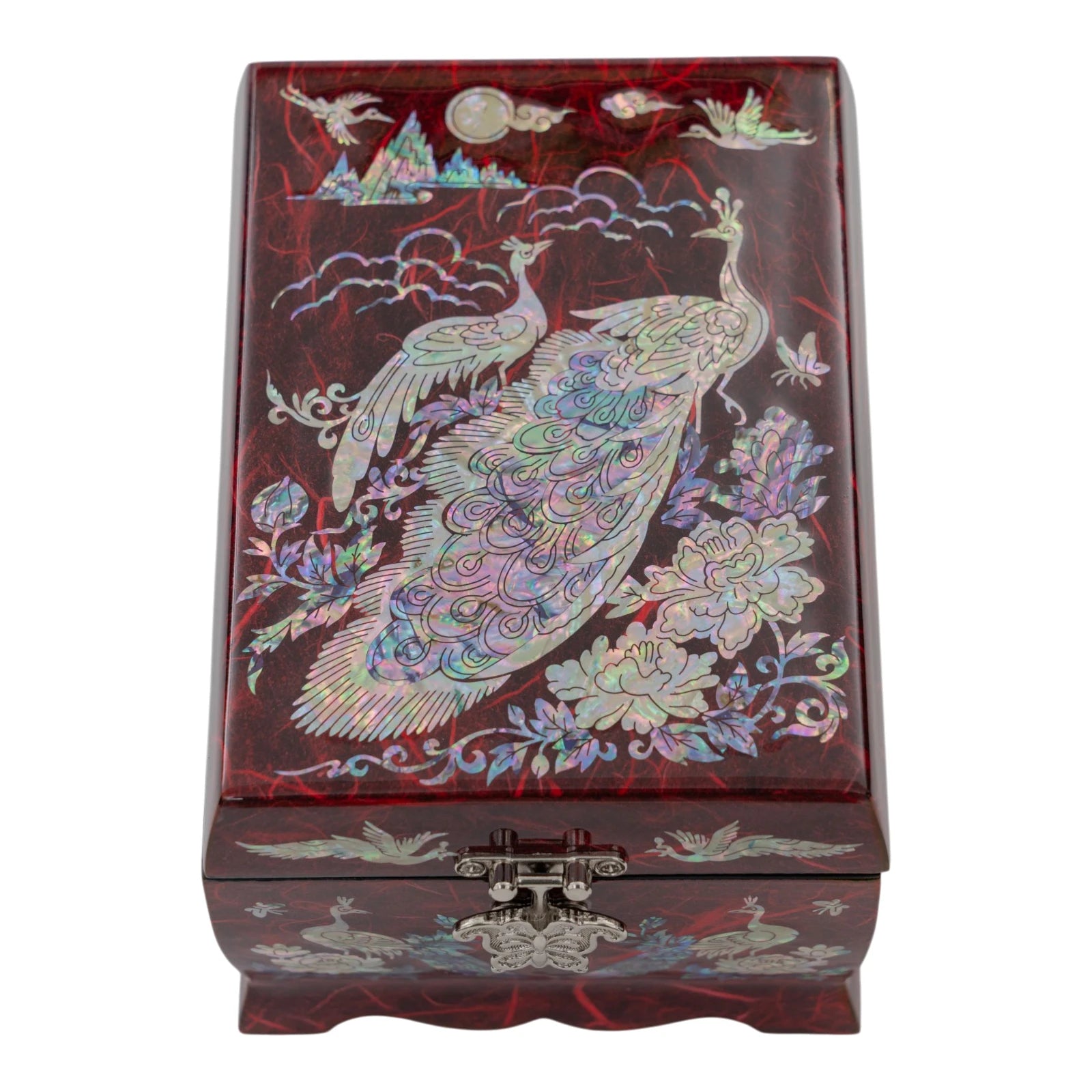 Top-down view of a red textured jewelry box showcasing detailed mother-of-pearl peacocks, peonies, and a butterfly-shaped silver lock.