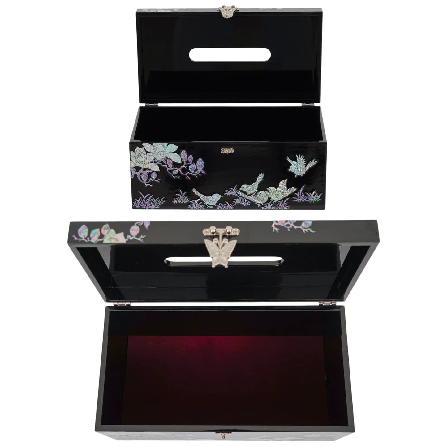 Top-down view of open black tissue box with butterfly clasp detail