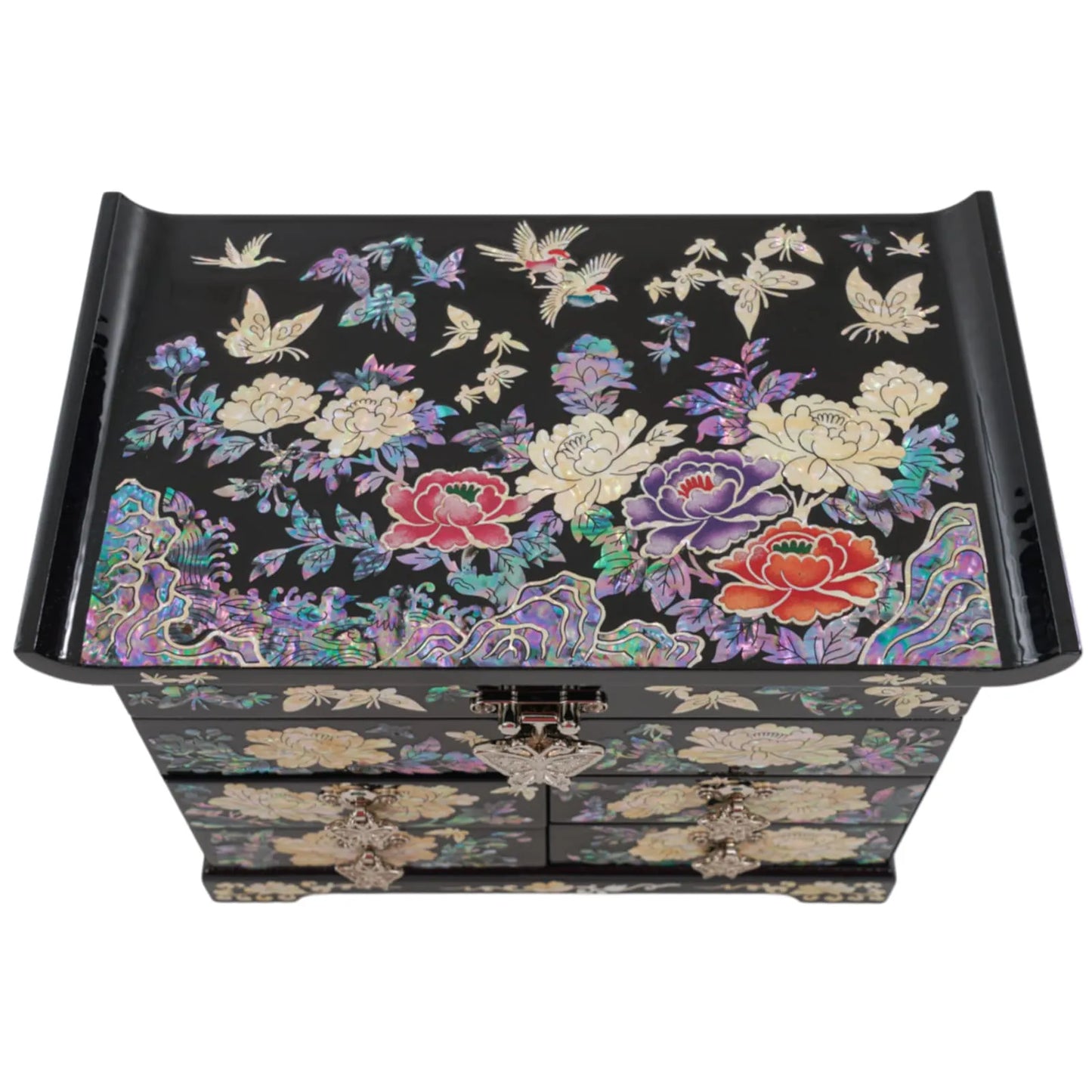 Top-down view of peony and butterfly inlay on glossy black jewelry box