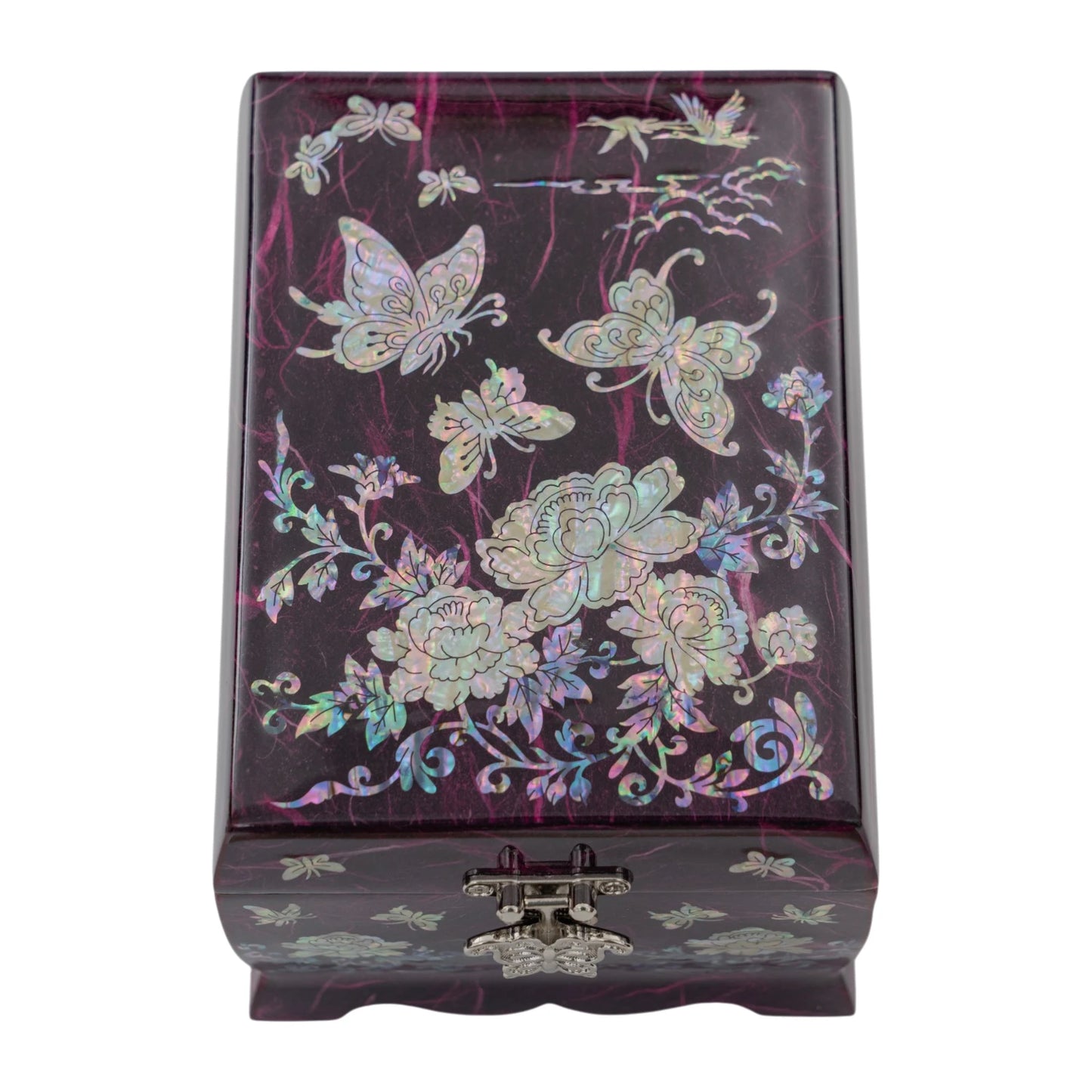 Top view of a purple jewelry box lid featuring vibrant, colorful mother-of-pearl butterflies and peonies shimmering against a textured background.