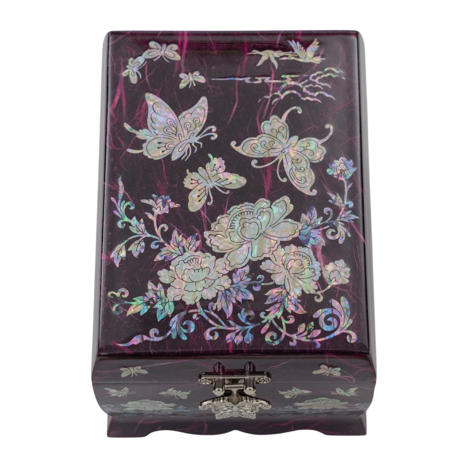 Top view of a purple jewelry box lid featuring vibrant, colorful mother-of-pearl butterflies and peonies shimmering against a textured background.