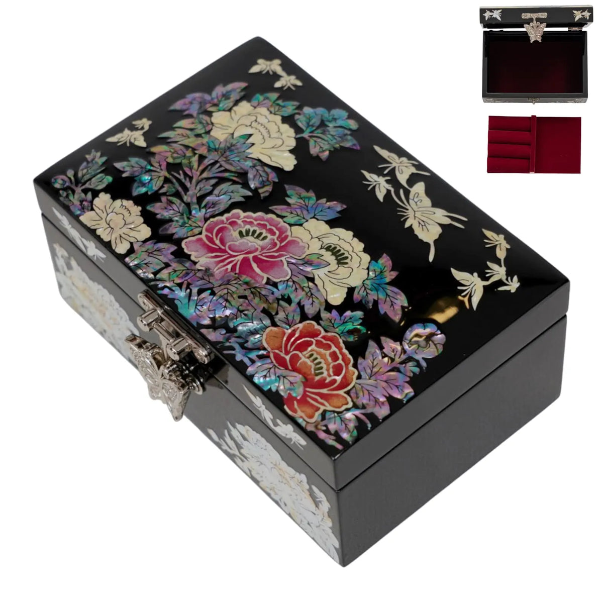 Top view of butterfly mother of pearl jewelry box, colorful butterflies, peony and orchid inlay