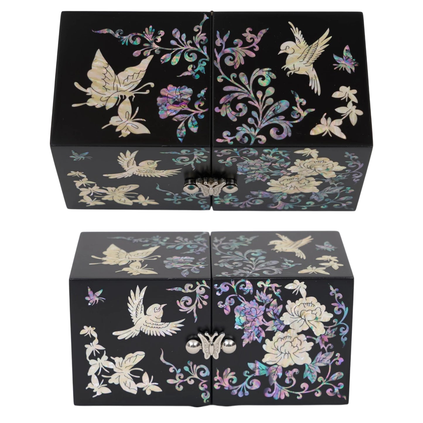 Top and front view of closed black wood box with iridescent butterfly and bird artwork, traditional wedding gift