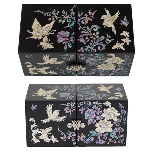 Top and front view of closed black wood box with iridescent butterfly and bird artwork, traditional wedding gift