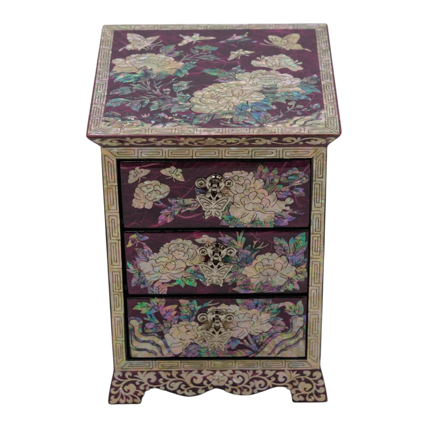 Top down view of red and blue lacquer jewelry boxes, butterfly and peony shell art, traditional Korean craftsmanship for vanity decor