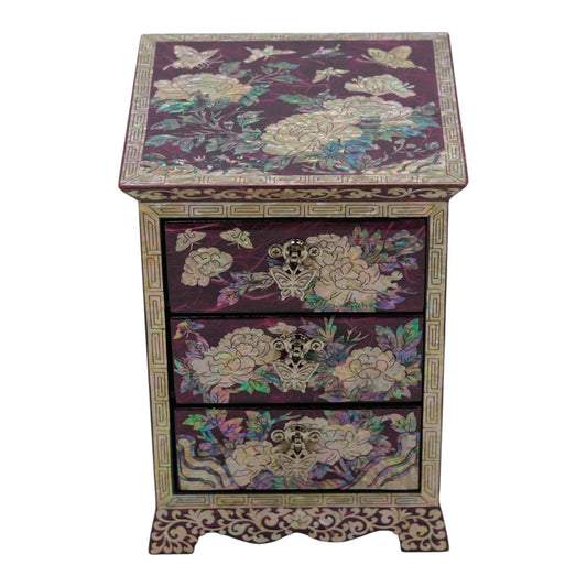 Top down view of red and blue lacquer jewelry boxes, butterfly and peony shell art, traditional Korean craftsmanship for vanity decor