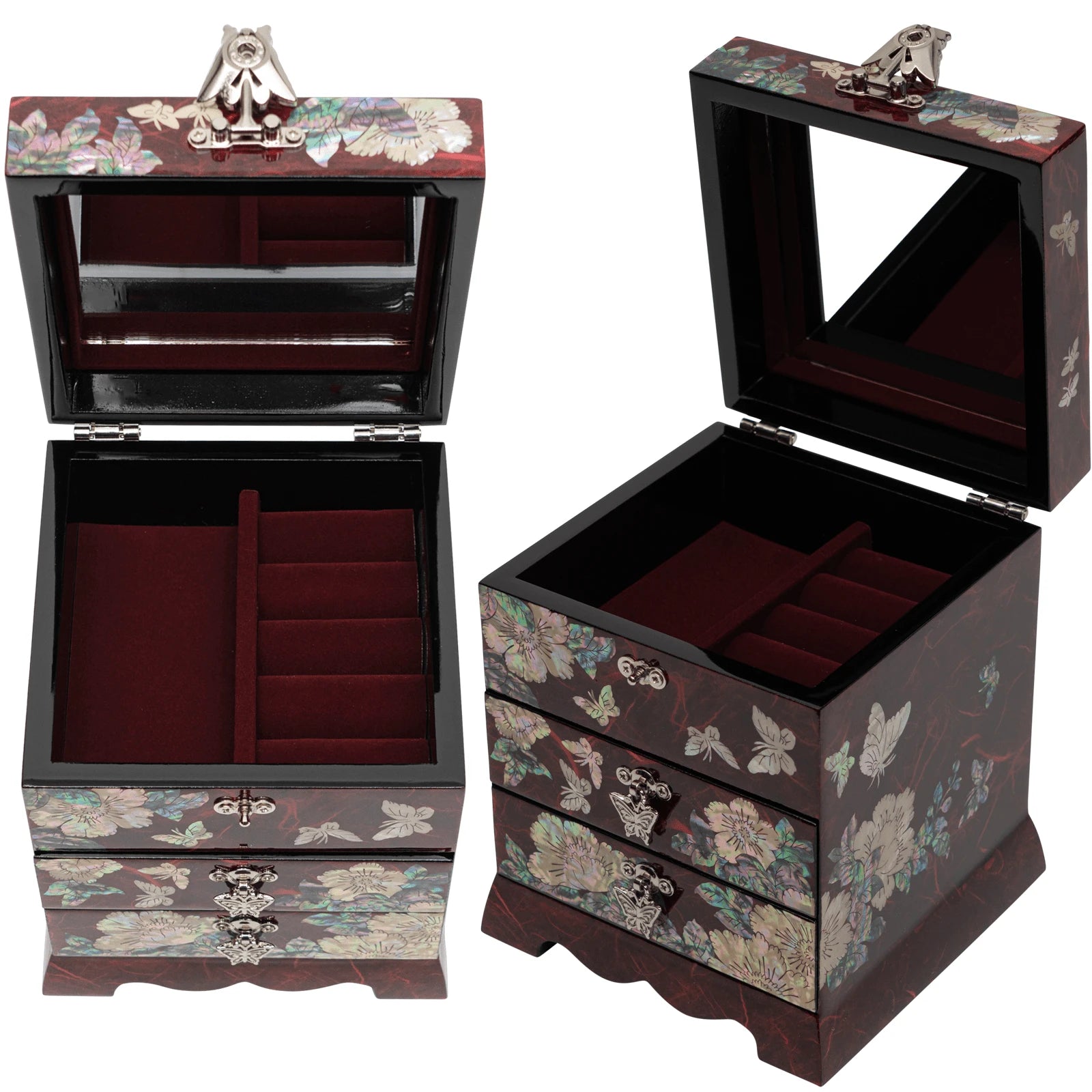 Top lid open revealing built-in vanity mirror and red velvet ring slots. Compact jewelry box for bridal gifts and luxury bedroom decor.