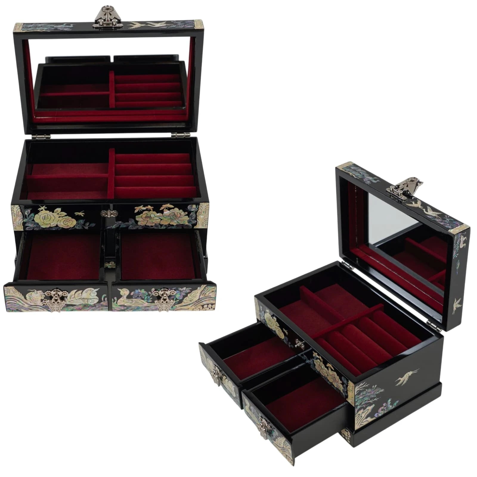 Top view of a black lacquer lid decorated with shimmering mother of pearl butterflies and peony flowers, symbols of beauty and wealth