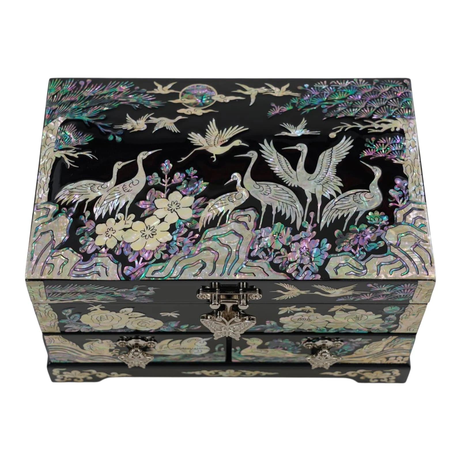 Top view of a black nacre box decorated with intricate mother of pearl inlays depicting cranes, pine trees, and moon, set against colorful floral rocks