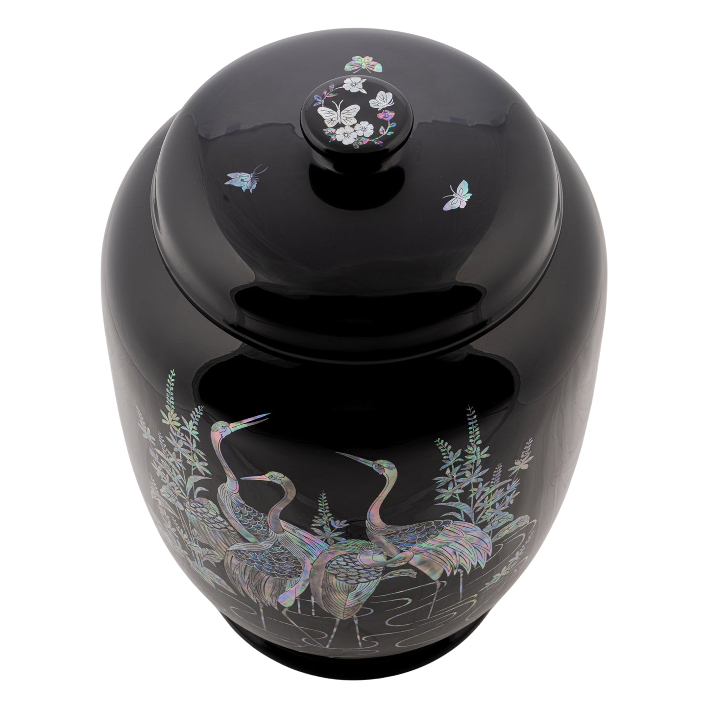 Elegant Black Container with Mother-of-Pearl Cranes and Pine Design