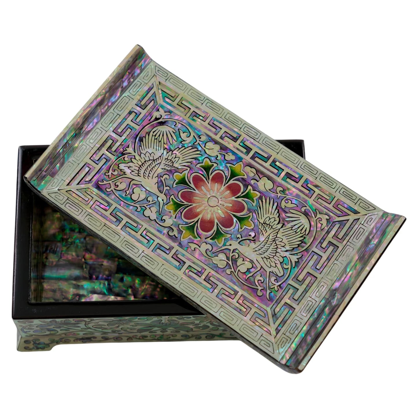 Top view of a jewelry box featuring traditional Korean crane and peony flower inlay. Natural iridescent shell artwork on a handcrafted lacquer box