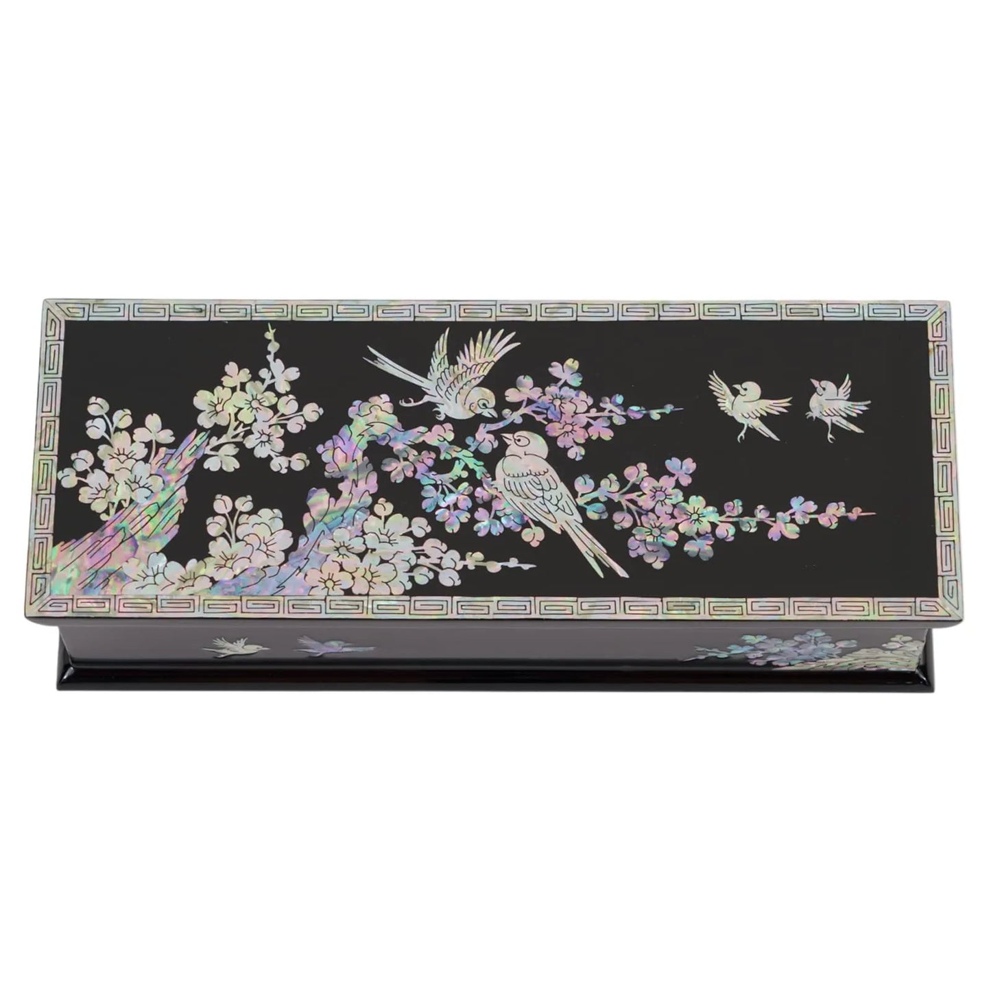 Top view of bird and cherry blossom pearl inlay on black lacquer box