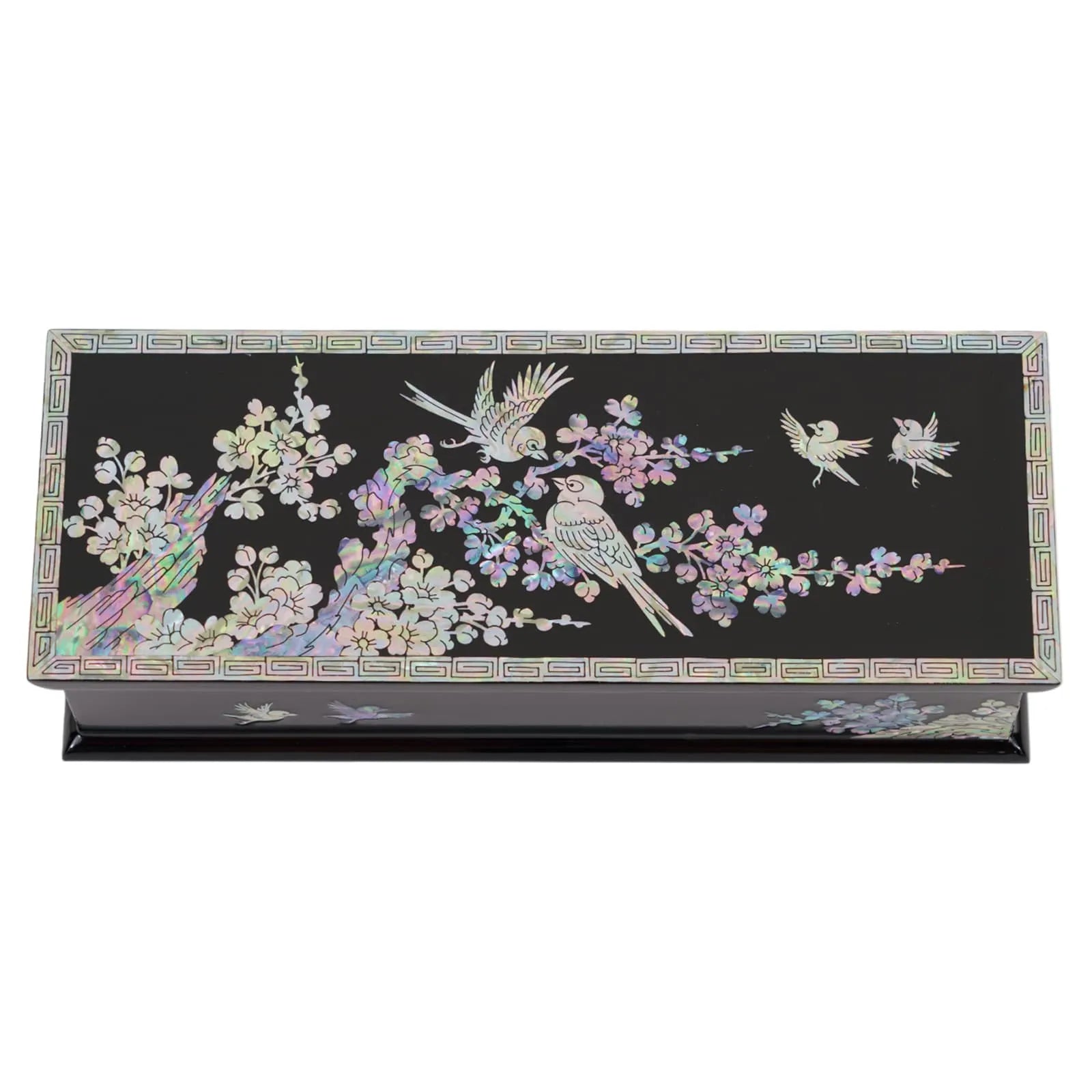 Top view of bird and cherry blossom pearl inlay on black lacquer box