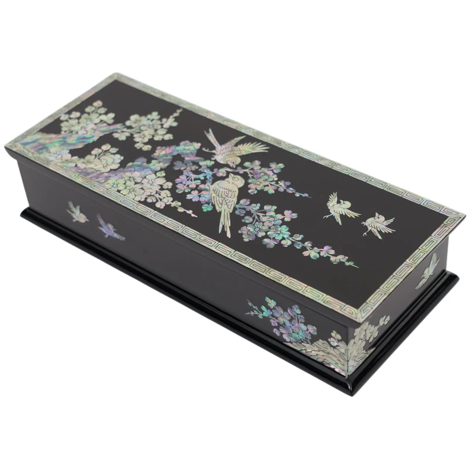 Top view of black box with parrot and floral mother-of-pearl inlay