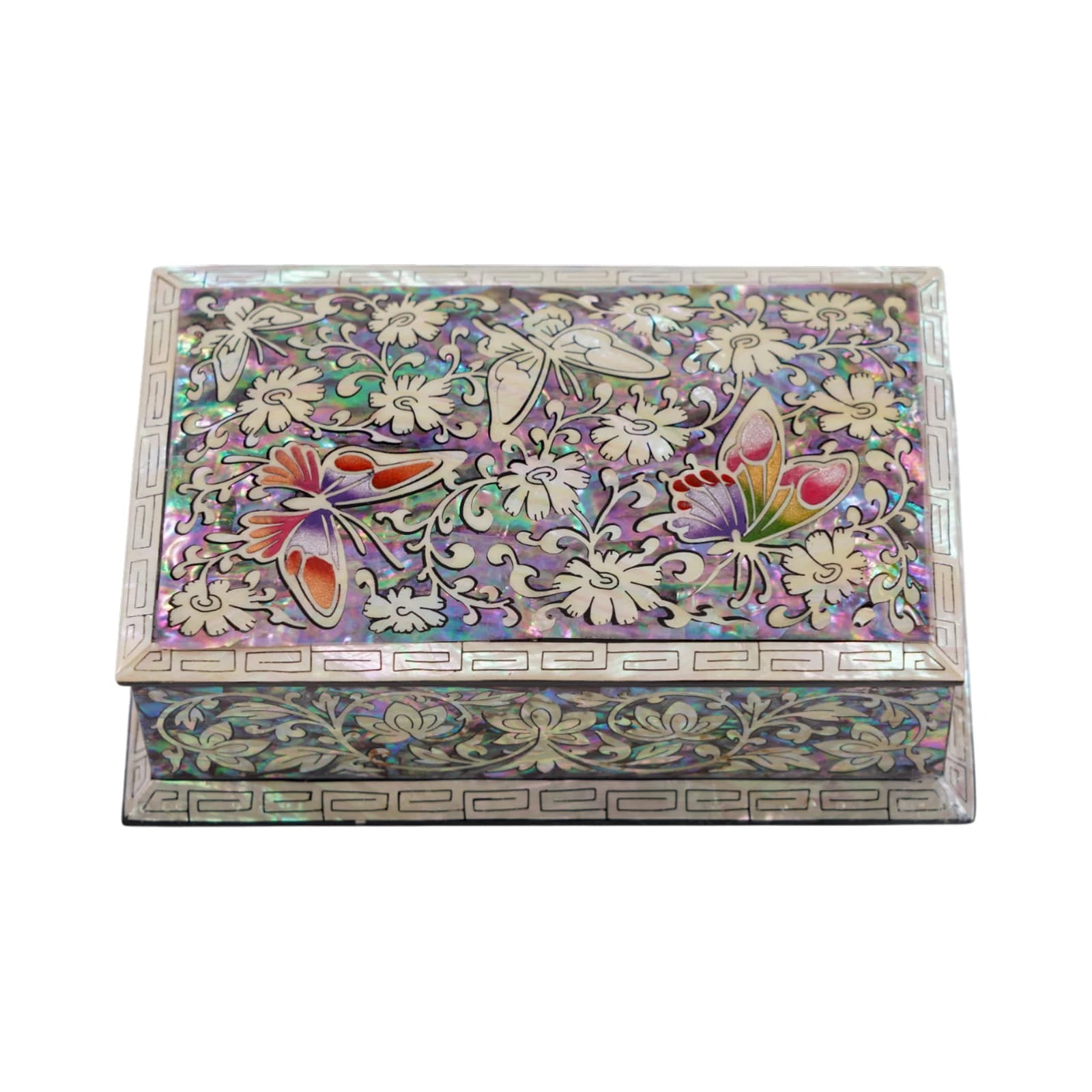 Top view of black lacquer jewelry box with colorful butterfly and floral mother-of-pearl inlay, luxury handcrafted keepsake box
