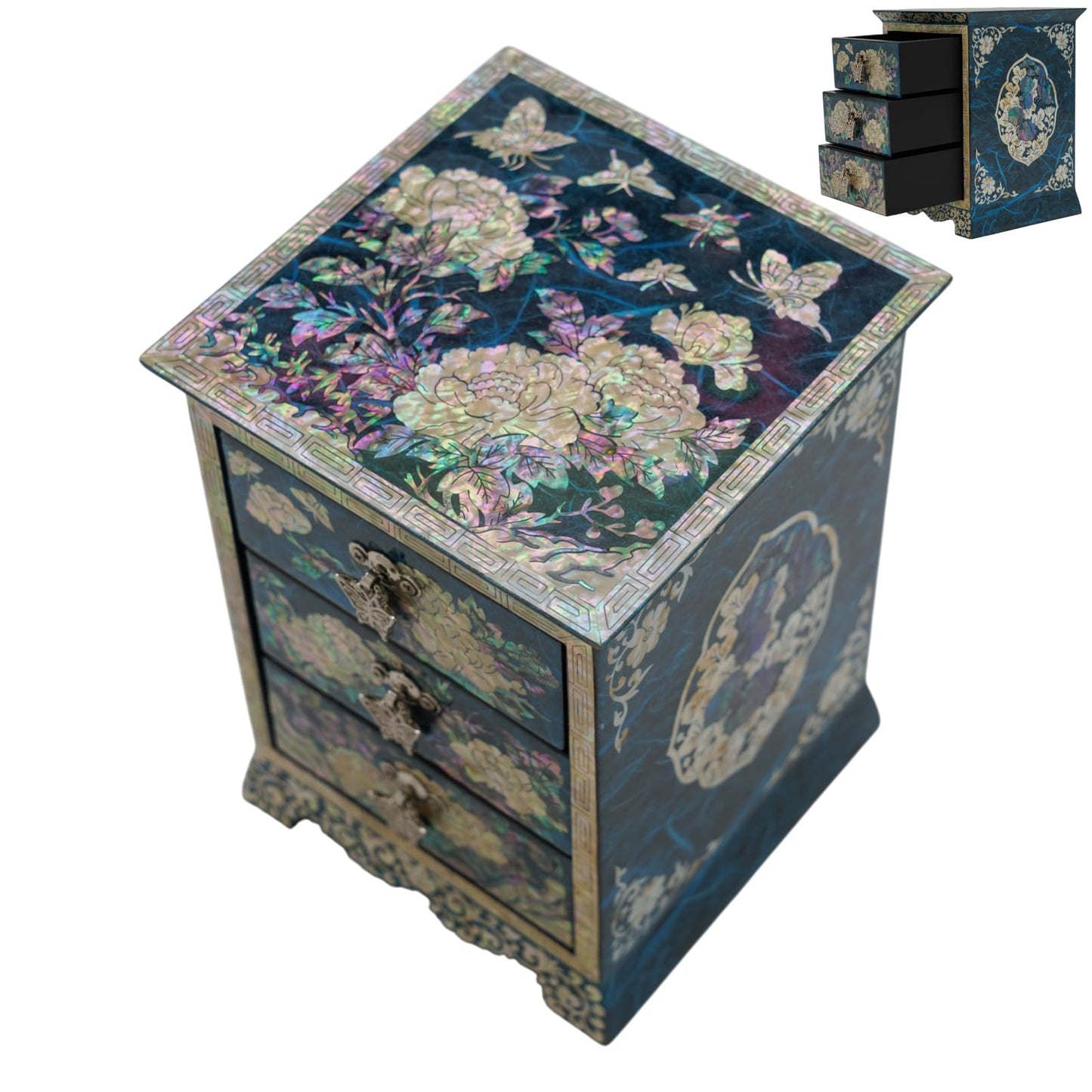 Top view of blue mother of pearl jewelry box with peony and butterfly inlay, 3-drawer Korean lacquer organizer for dresser