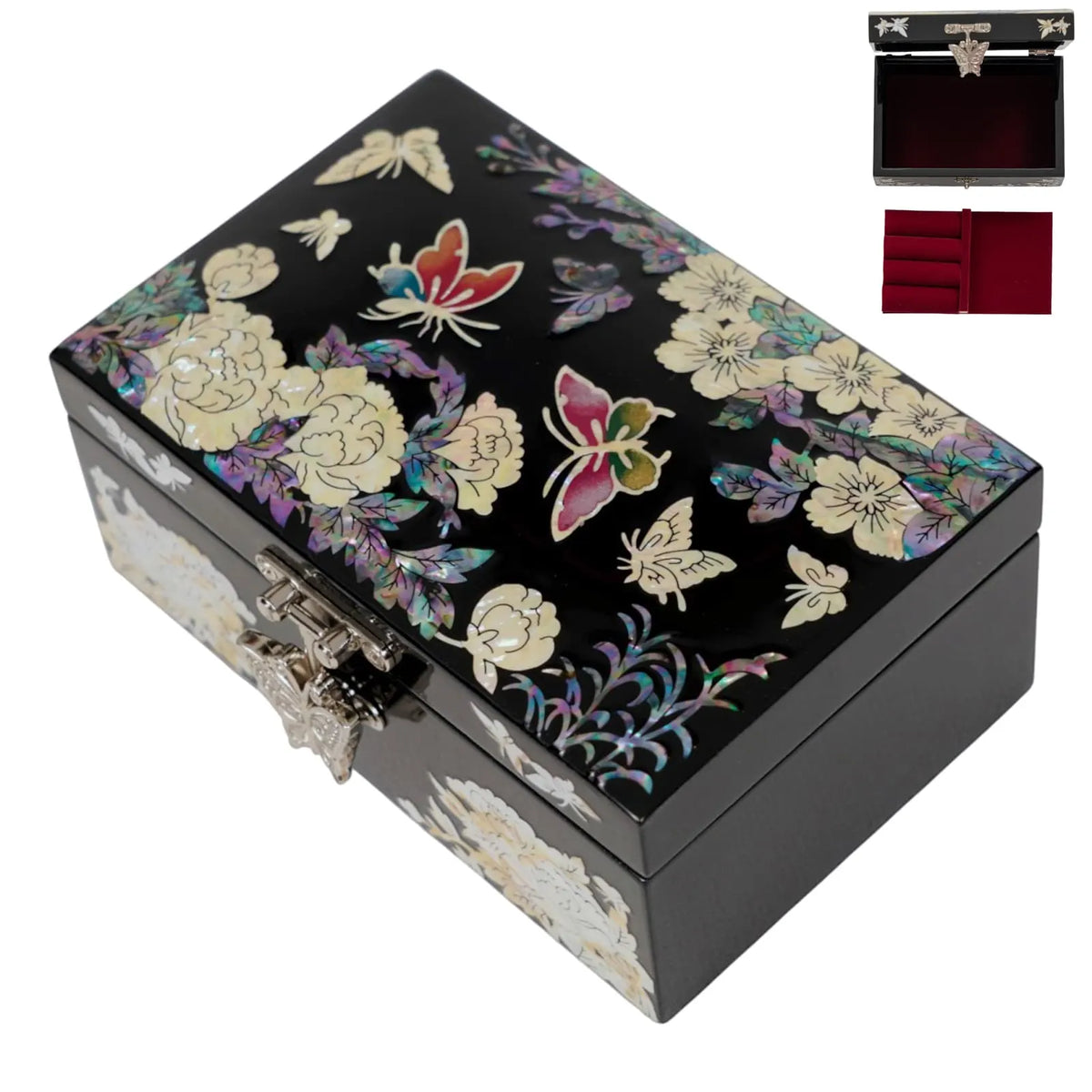 Top view of butterfly and cherry blossom mother of pearl jewelry box, butterflies and peonies