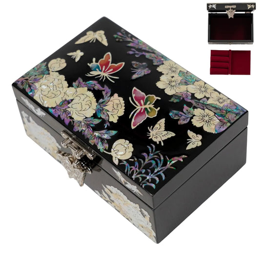Top view of butterfly and cherry blossom mother of pearl jewelry box, butterflies and peonies