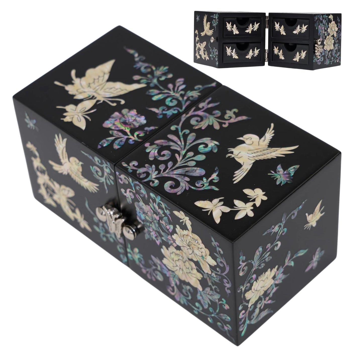 Top view of closed black lacquer box with flowers and birds, featuring inset of open interior with small drawers