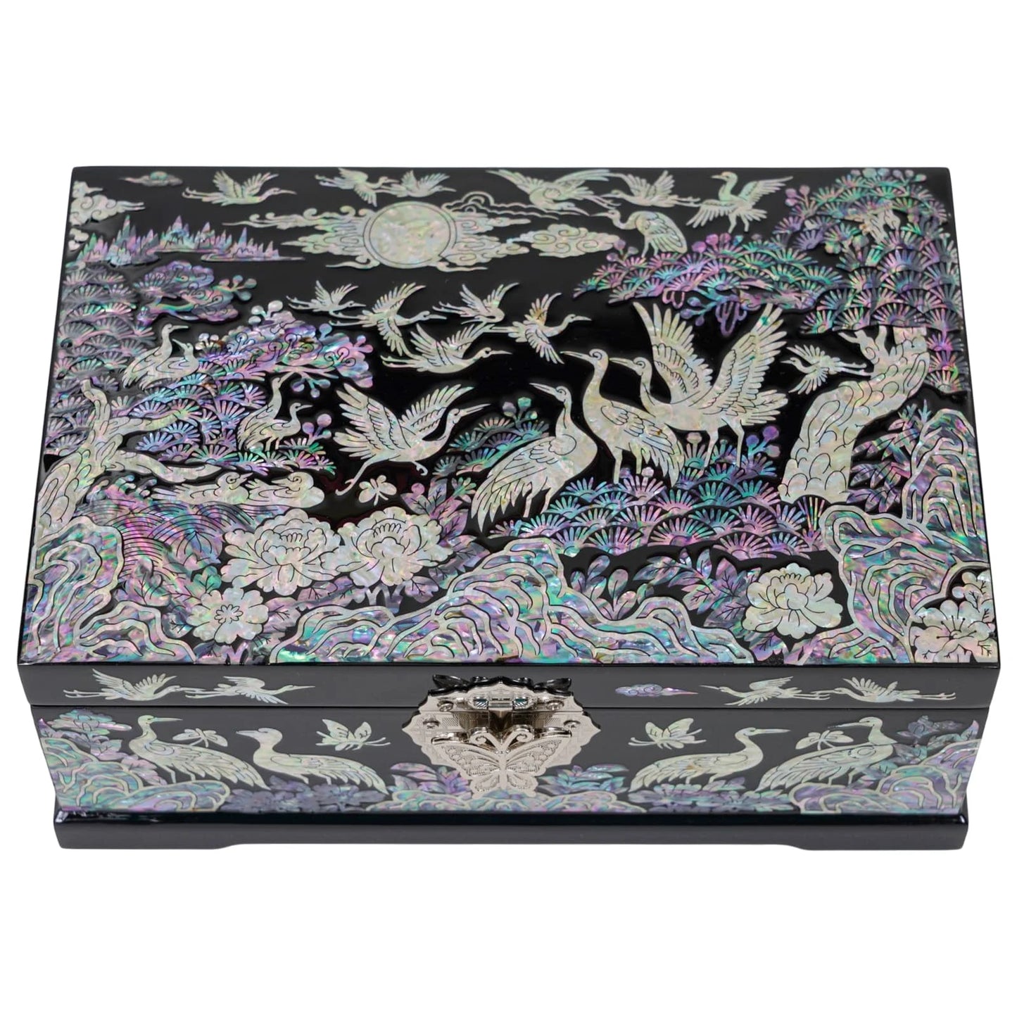 Top view of closed black wooden chest with iridescent mother of pearl crane and pine design, handmade gift for anniversary