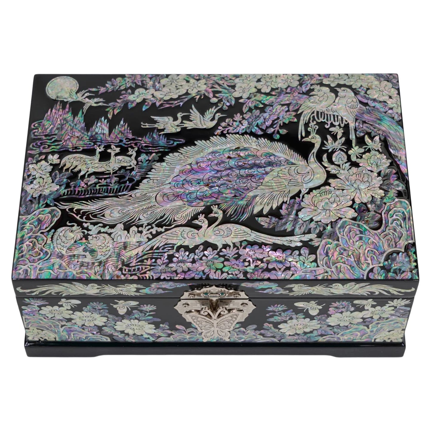 Top view of closed black wooden chest with iridescent mother of pearl peacock artwork, traditional wedding gift idea