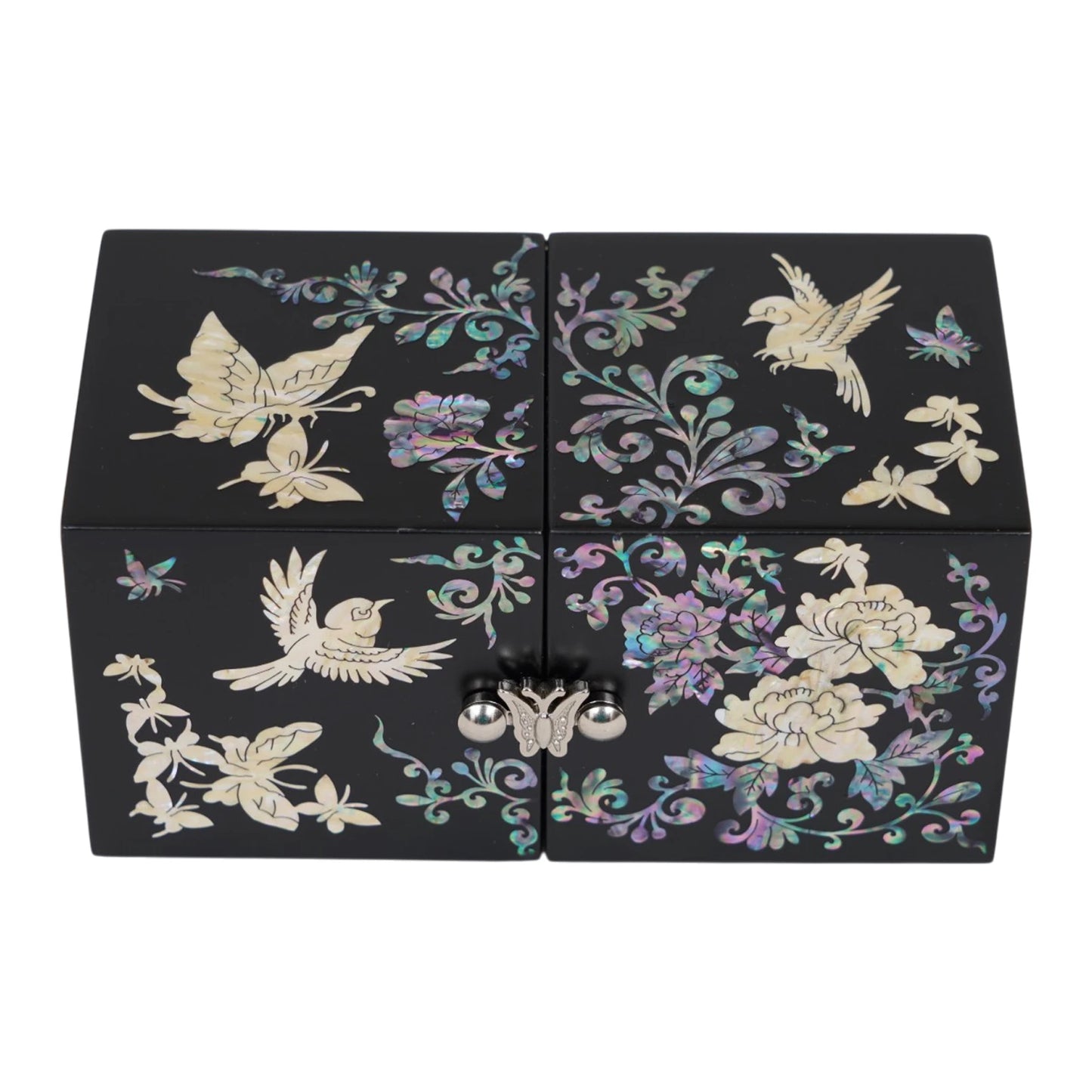 Top view of closed butterfly wooden box with colorful mother of pearl flowers and bird, artistic dresser decor