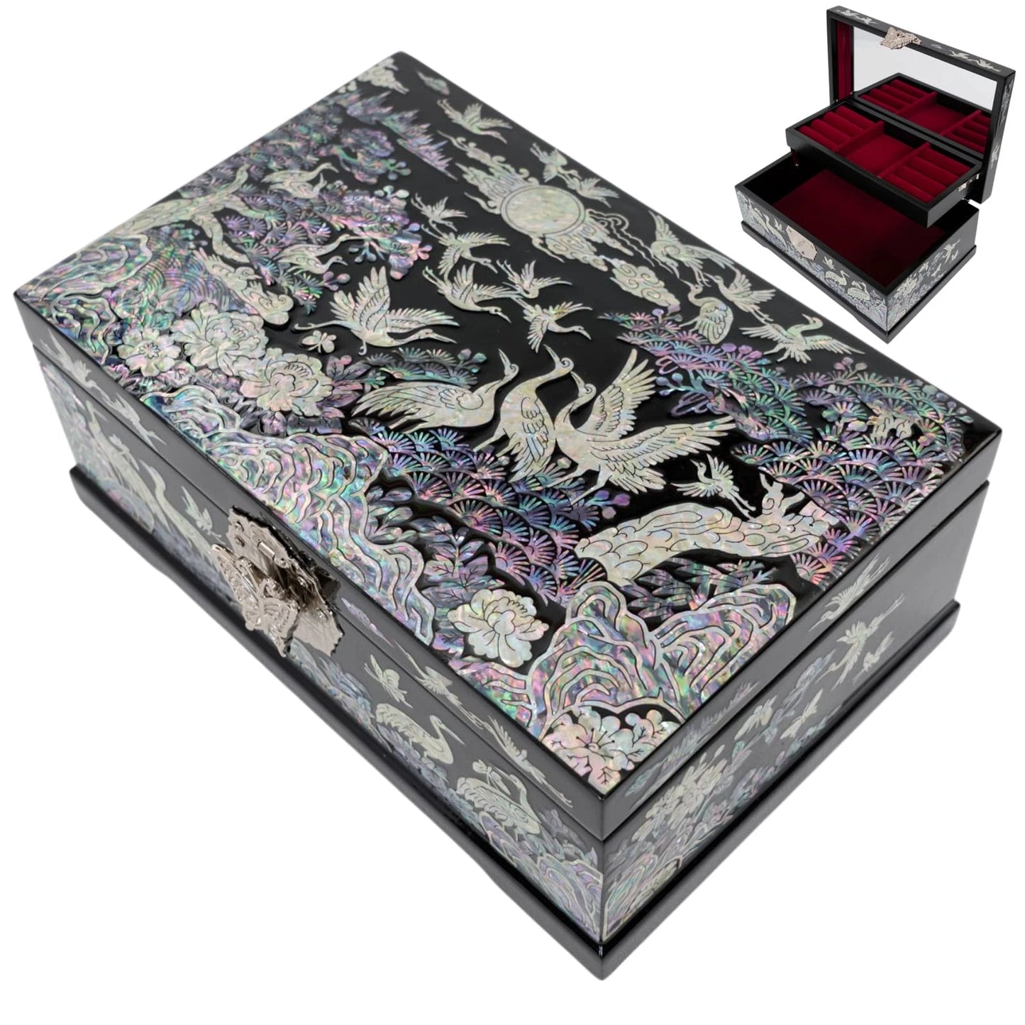 Top view of closed crane lacquer jewelry case with an inset showing open red velvet drawers for ring organizer storage
