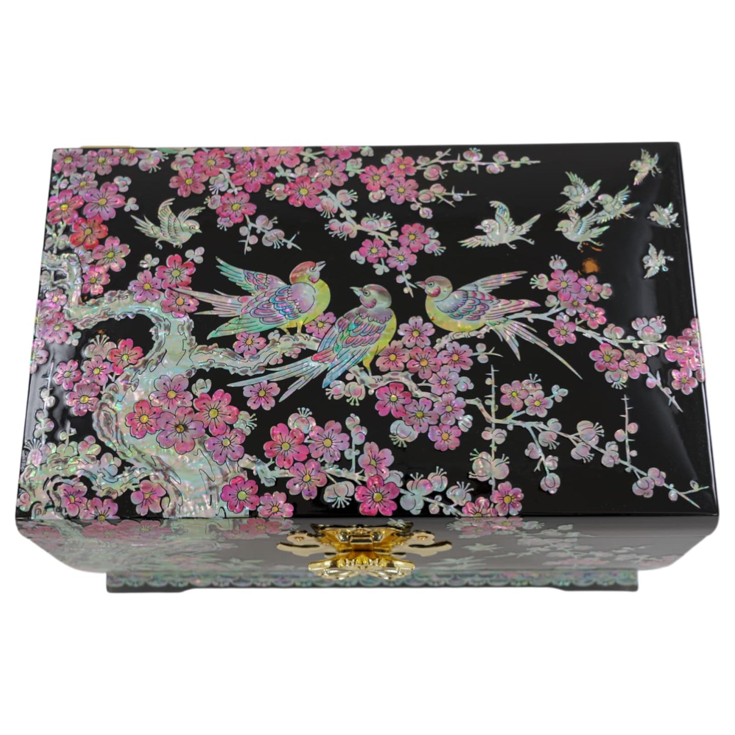 Top view of jewelry box featuring intricate pink blossoms and colorful bird inlay