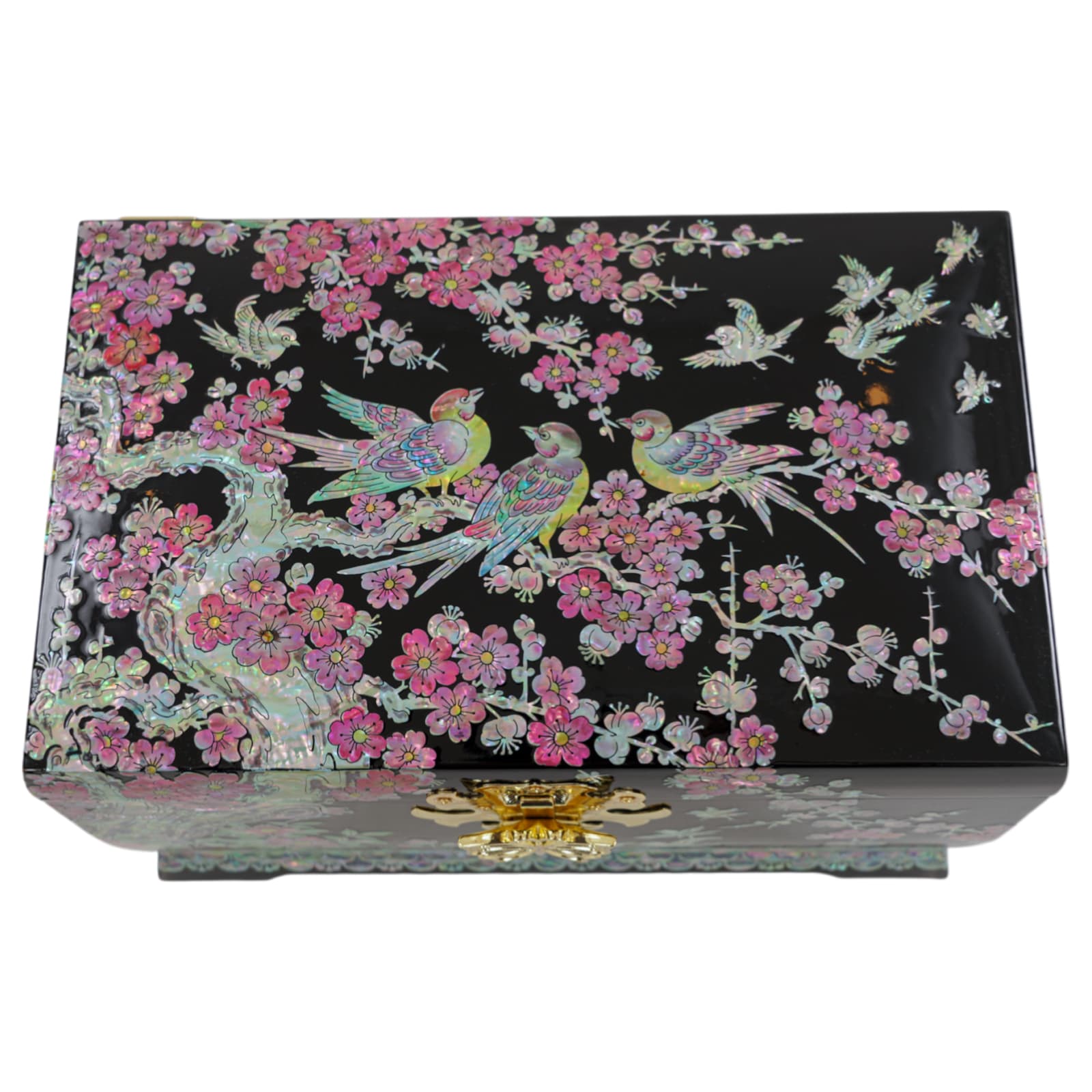 Top view of jewelry box featuring intricate pink blossoms and colorful bird inlay