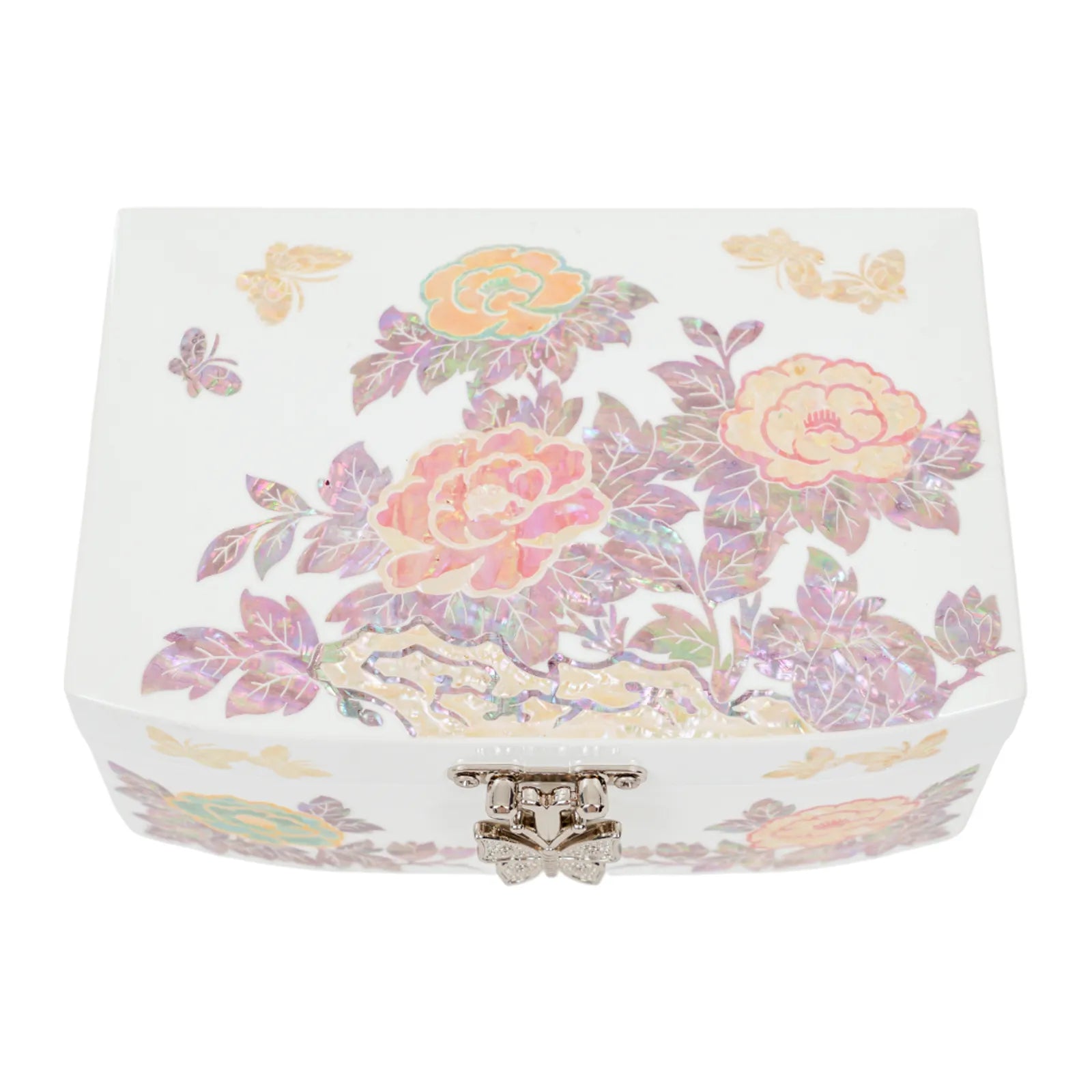 Top view of lacquer box decorated with vibrant peony flowers and butterflies
