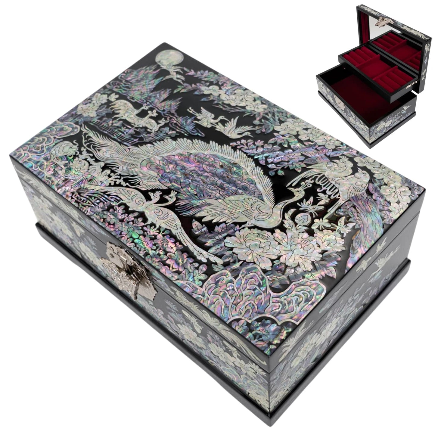 Top view of peacock lacquer jewelry case with an inset showing open red velvet lining drawers for ring storage organizer