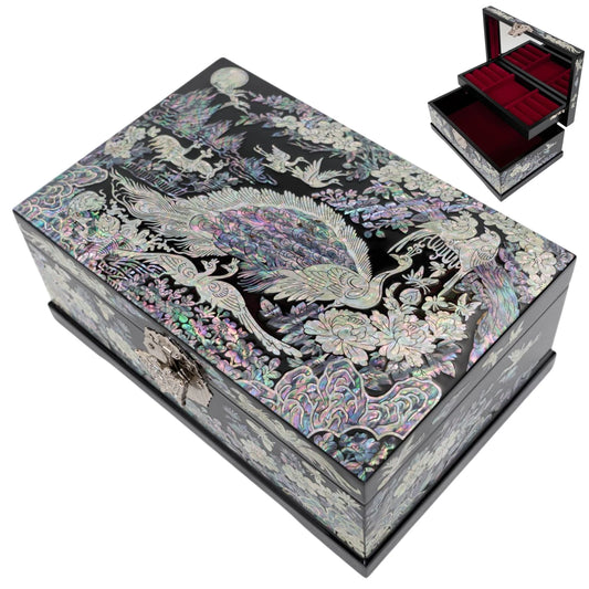 Top view of peacock lacquer jewelry case with an inset showing open red velvet lining drawers for ring storage organizer
