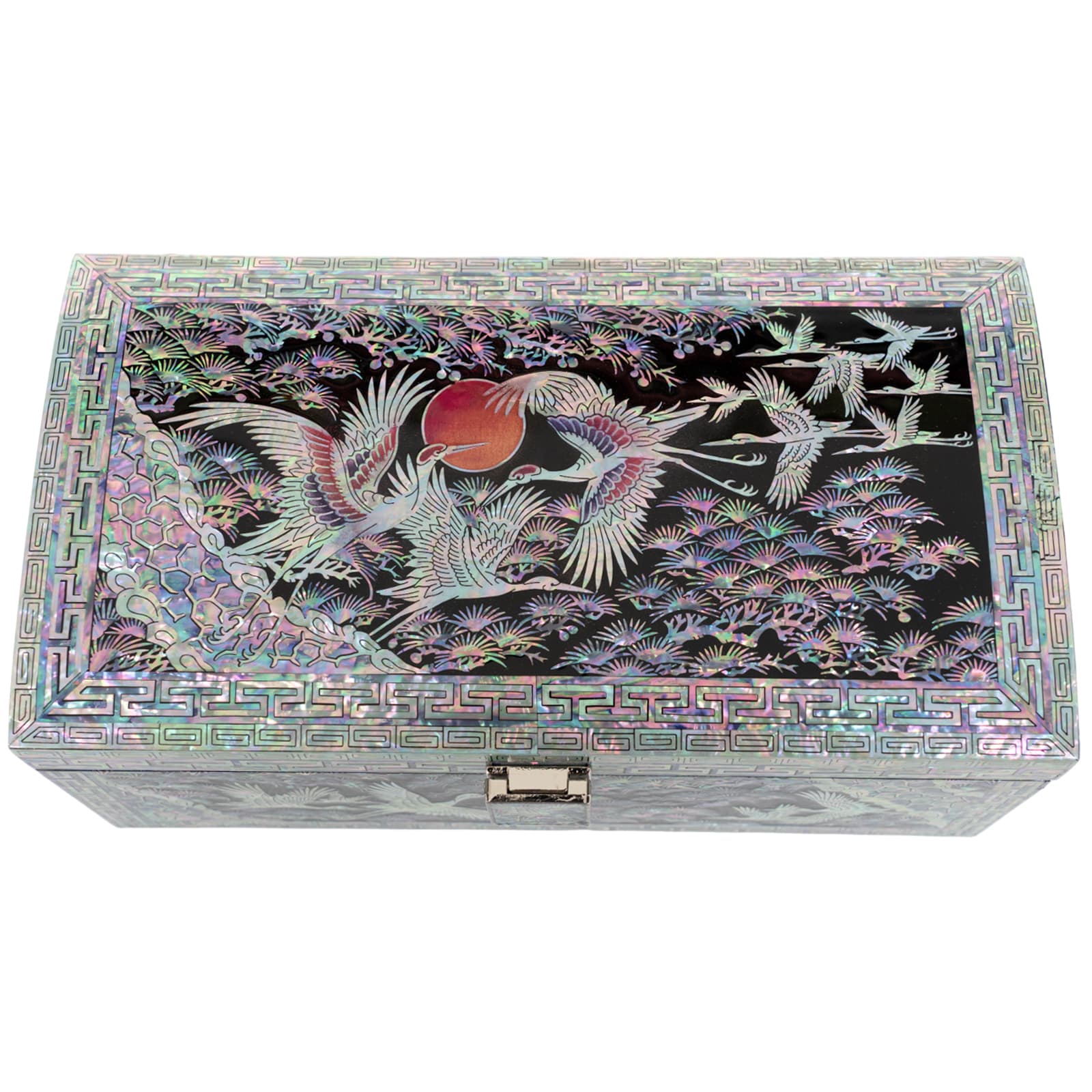 Top view of rectangular mother-of-pearl jewelry box with cranes, pine trees, and red sun motif