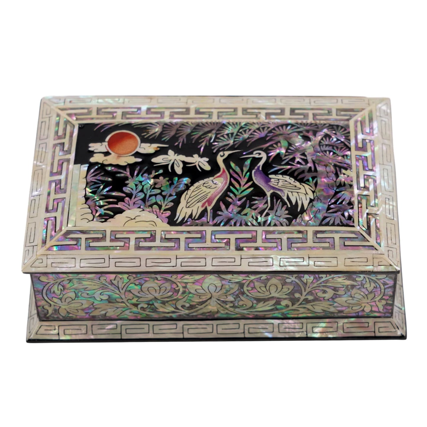 Top view of rectangular mother of pearl jewelry box featuring colorful butterfly and floral inlay on black lacquer finish