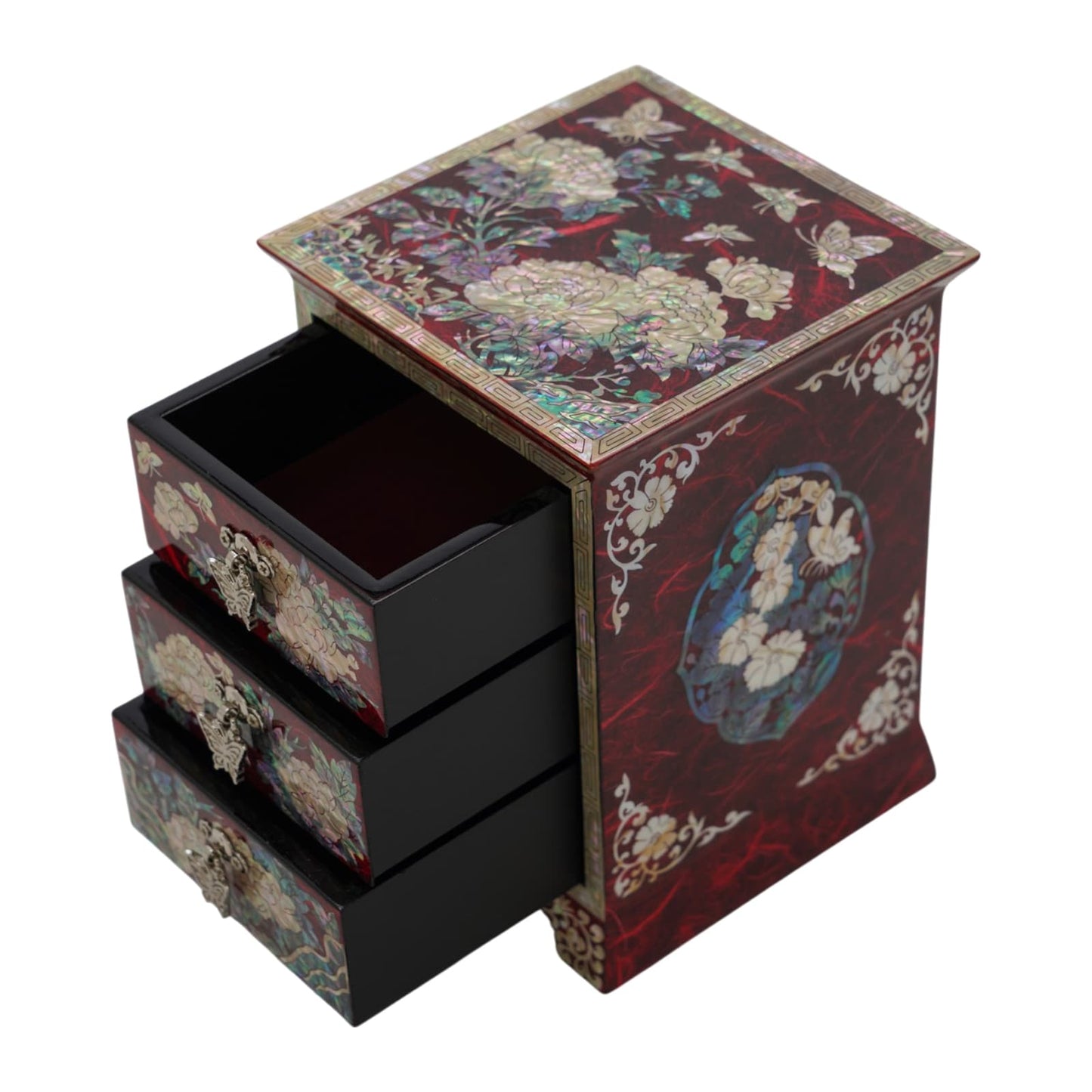 Top view of red lacquer jewelry box with peony and butterfly shell inlay, 3-drawer oriental vanity organizer, unique gift for her