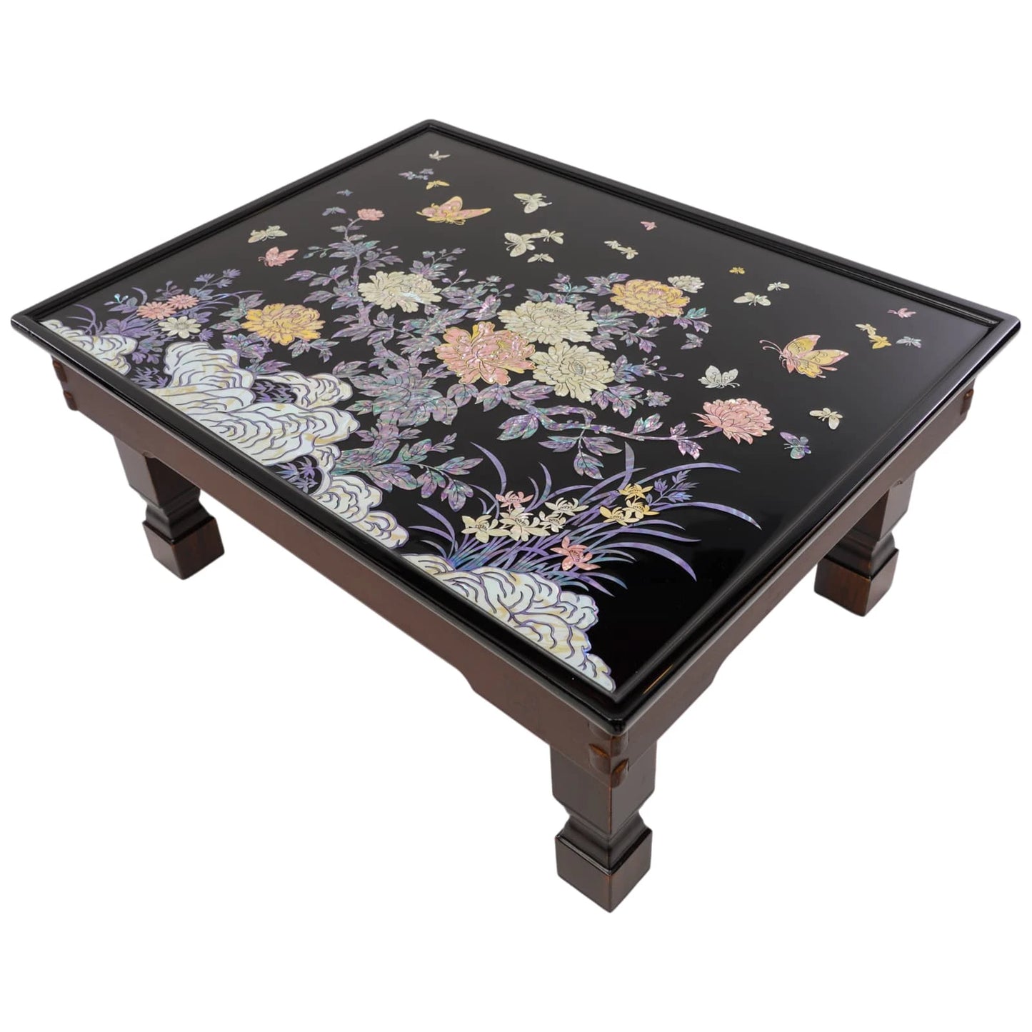 Traditional Korean Mother of Pearl Lacquer Table featuring intricate inlaid flower and butterfly designs on a glossy black surfa
