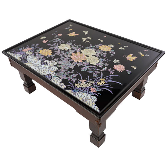 Traditional Korean Mother of Pearl Lacquer Table featuring intricate inlaid flower and butterfly designs on a glossy black surfa