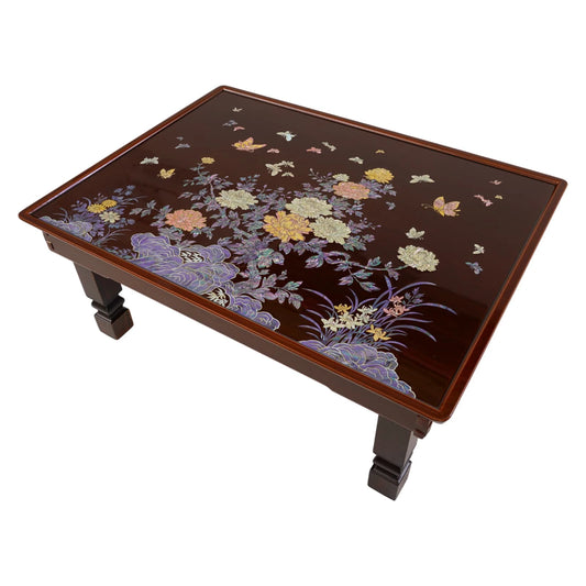 Traditional Korean lacquered wooden coffee table with mother of pearl floral inlay and butterflies, rectangular low tea table with carved legs