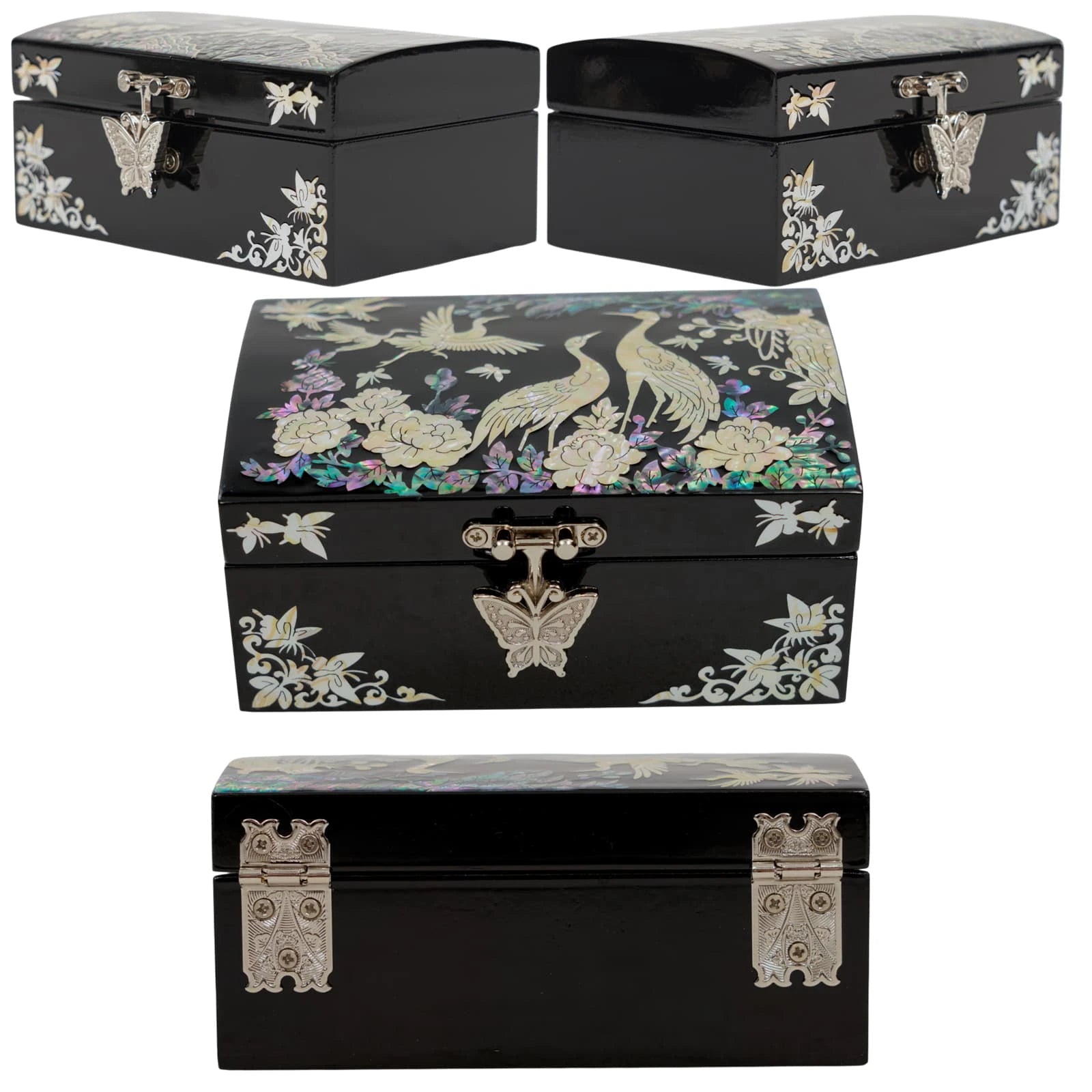 Traditional Korean mother of pearl jewelry box with butterfly lock and crane design