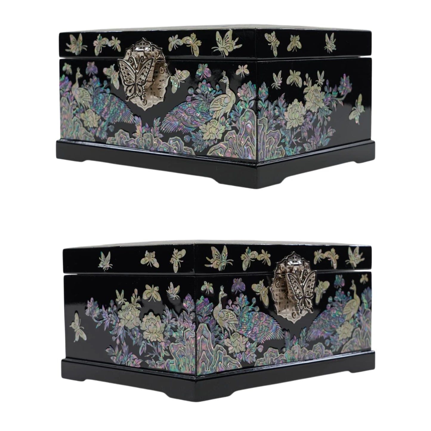 Two frontal angle views of a black chest, displaying detailed mother of pearl peacock and butterfly inlays, plus a metal butterfly-shaped clasp