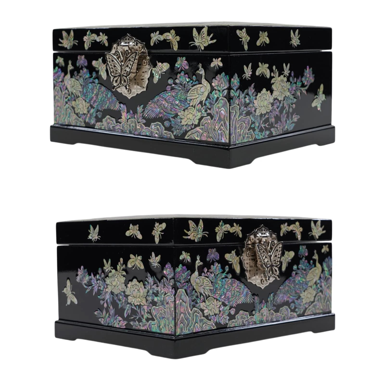 Two frontal angle views of a black chest, displaying detailed mother of pearl peacock and butterfly inlays, plus a metal butterfly-shaped clasp