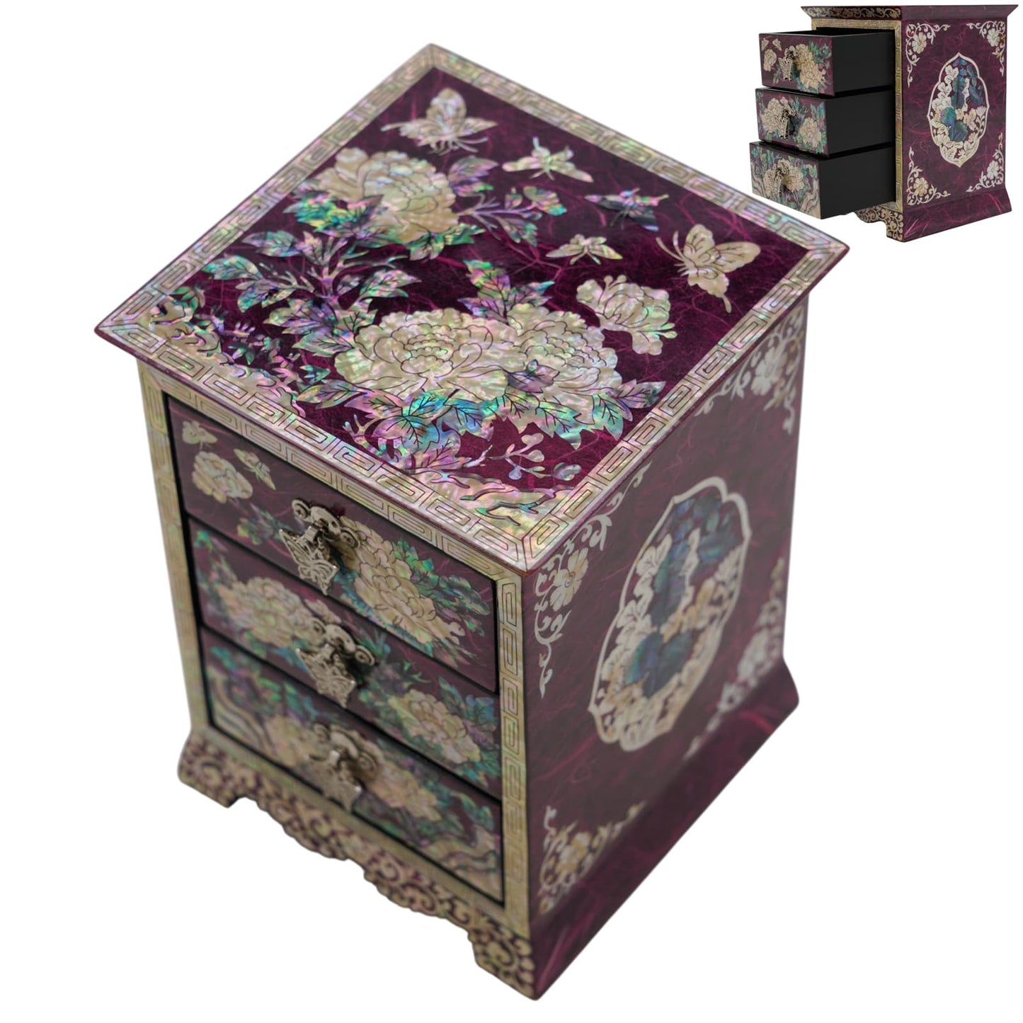 Two iridescent shell inlay jewelry chests in blue and red, 3-drawer Korean lacquerware with peony flowers, luxury artisan gift for her
