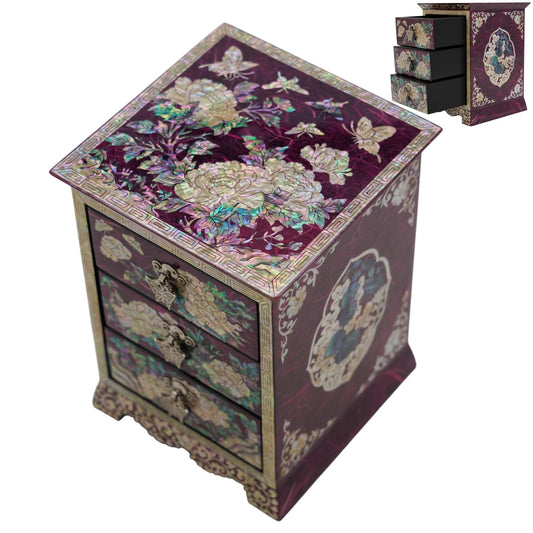 Two iridescent shell inlay jewelry chests in blue and red, 3-drawer Korean lacquerware with peony flowers, luxury artisan gift for her