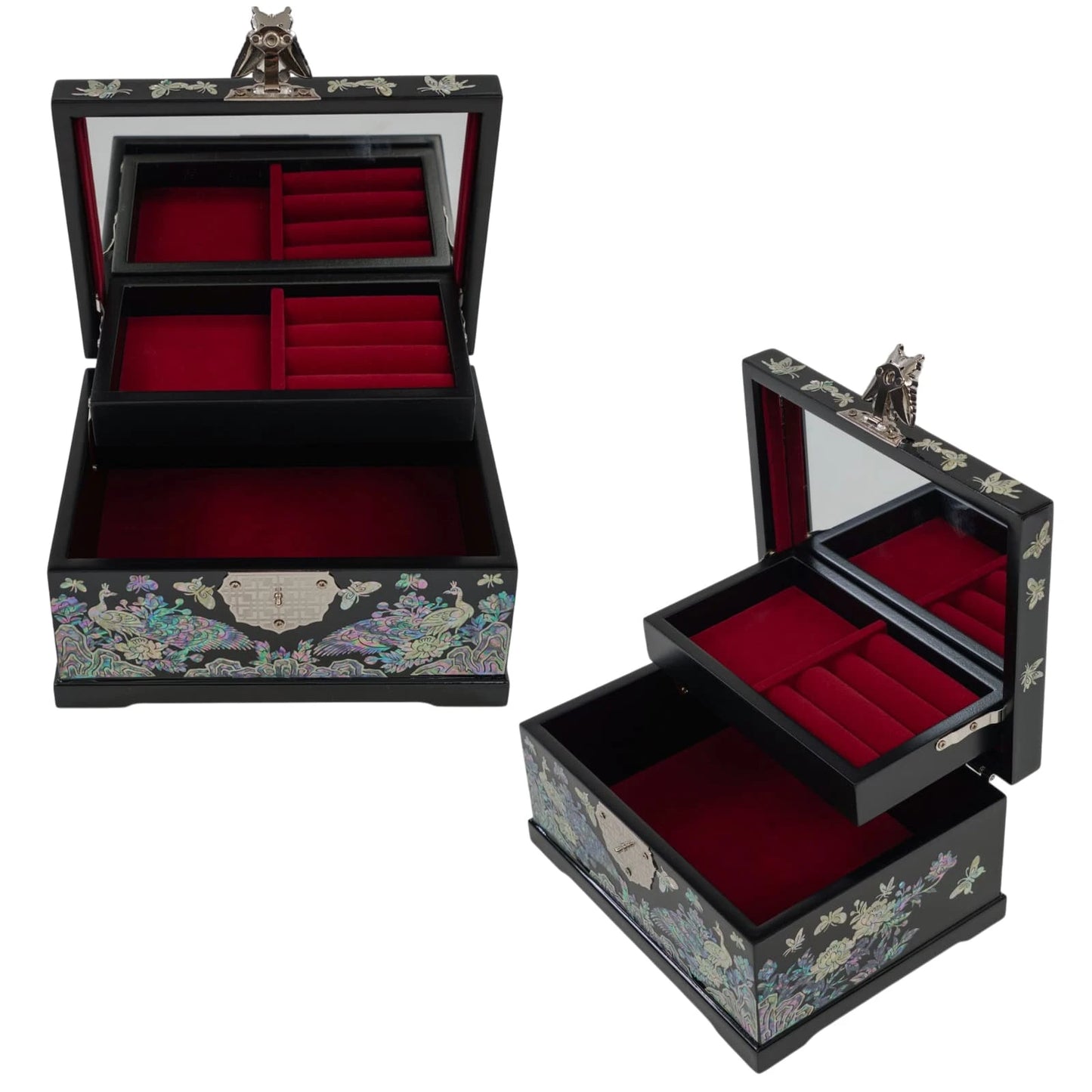 Two open views of a black nacre chest one shows top-down velvet organizers, the other shows the box resting on its back with red velvet trays visible