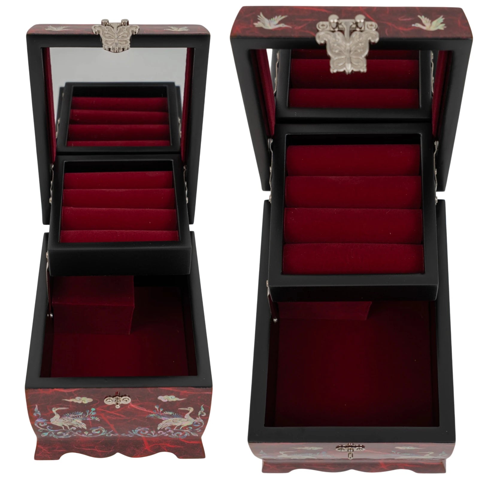 Two views of an open red jewelry box with red velvet lining, showing the tiered ring tray, interior mirror, and mother-of-pearl crane details.