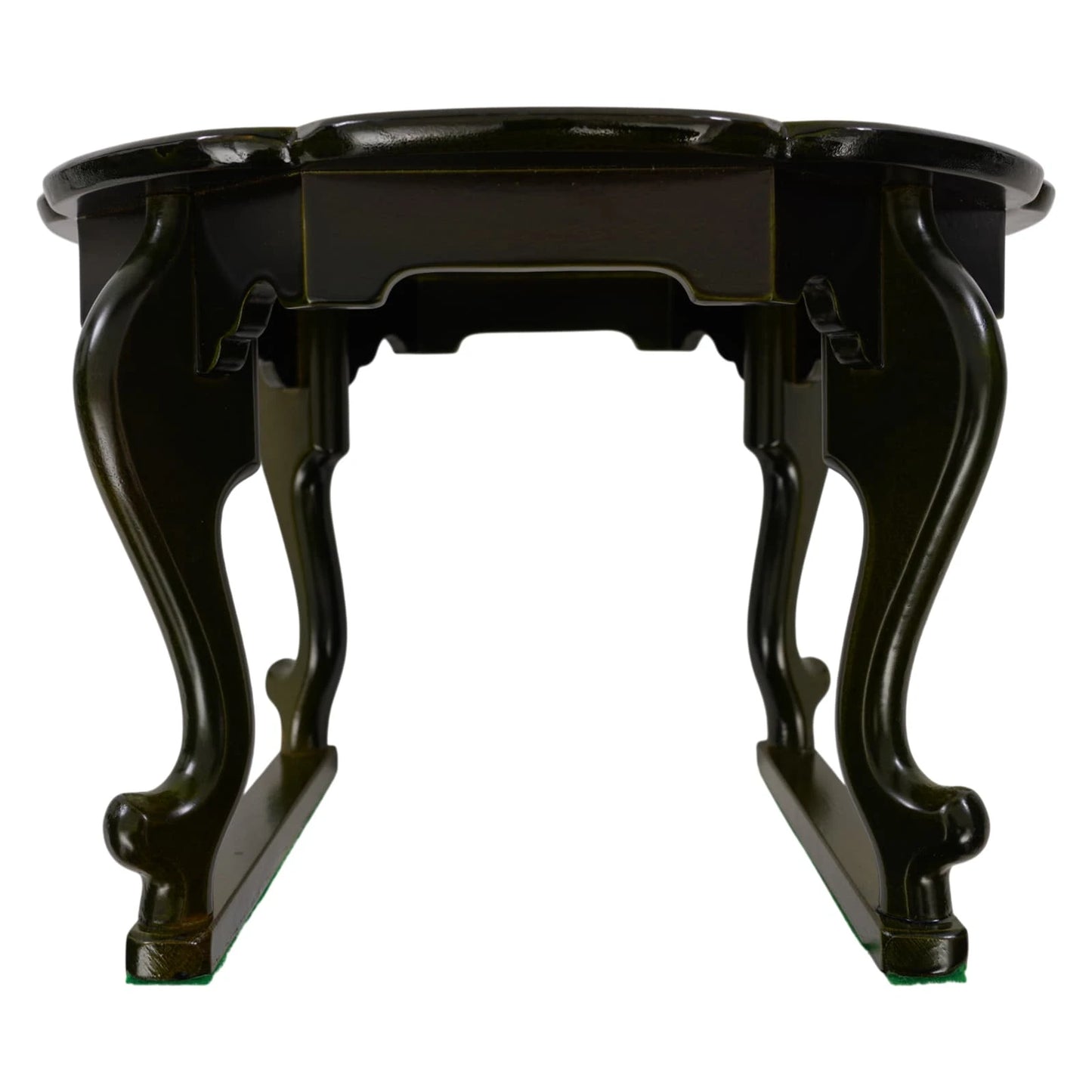 Underside view of round tray table showing black wooden frame and support structure
