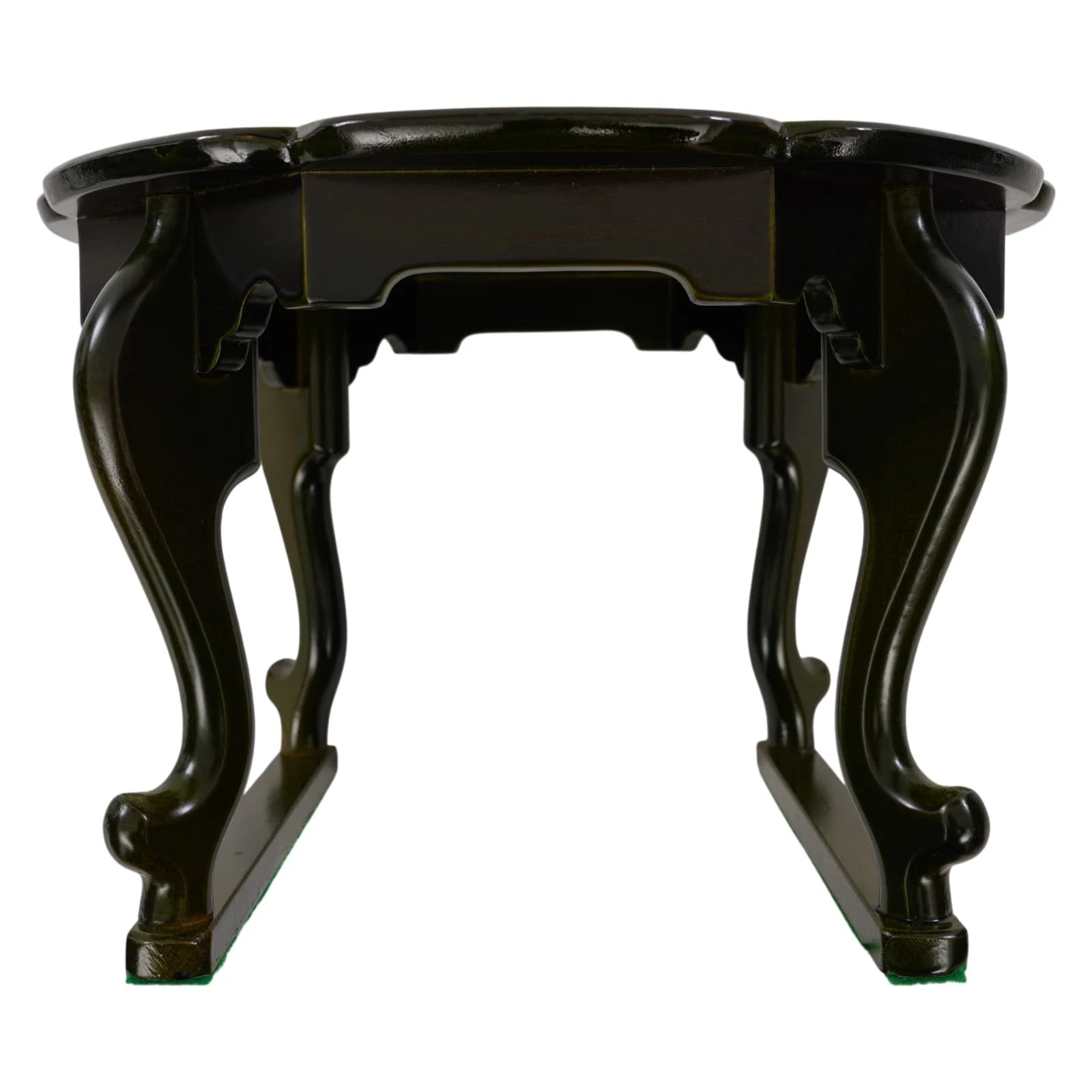 Underside view of round tray table showing black wooden frame and support structure