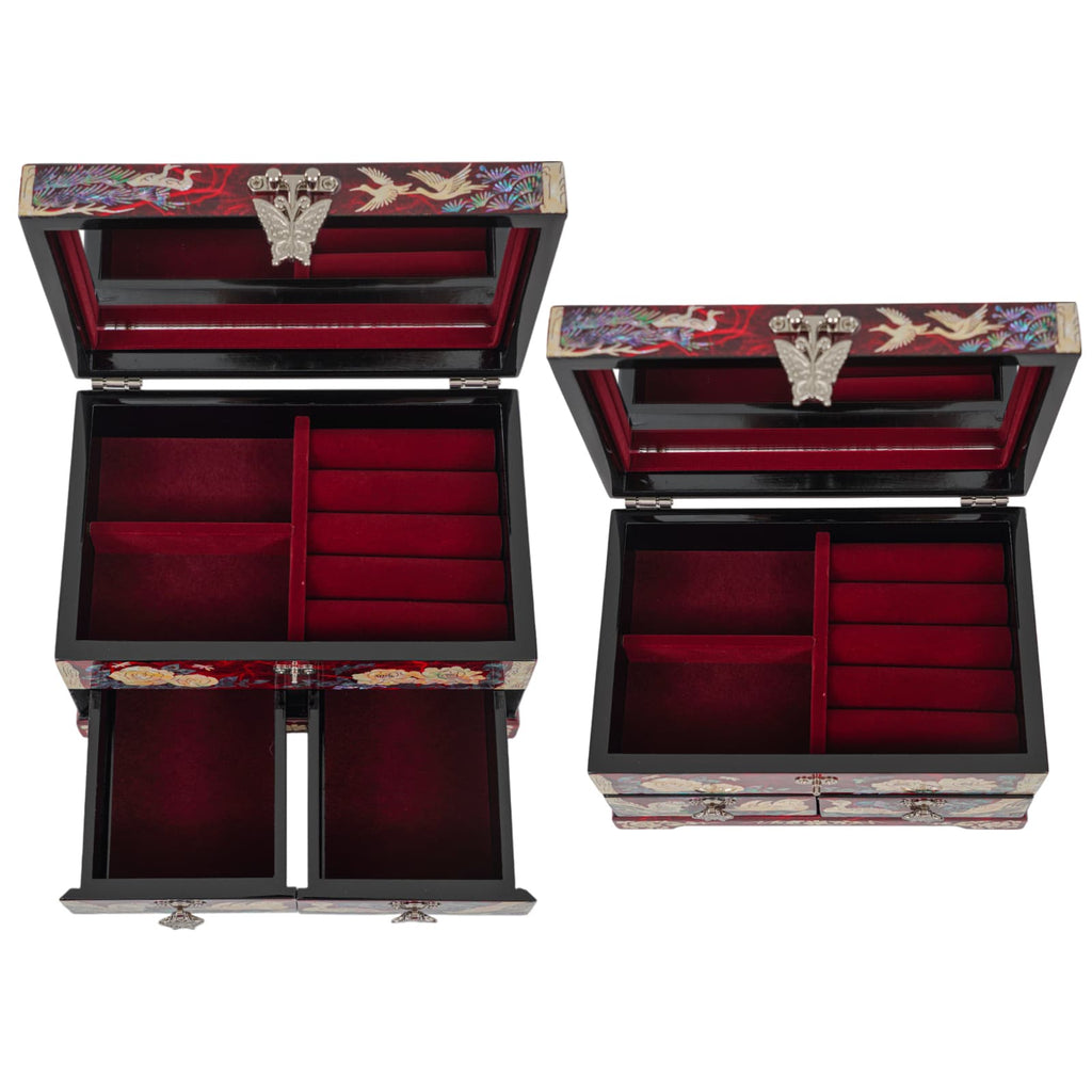 Velvet-lined red mother-of-pearl jewelry box with open top and two front drawers