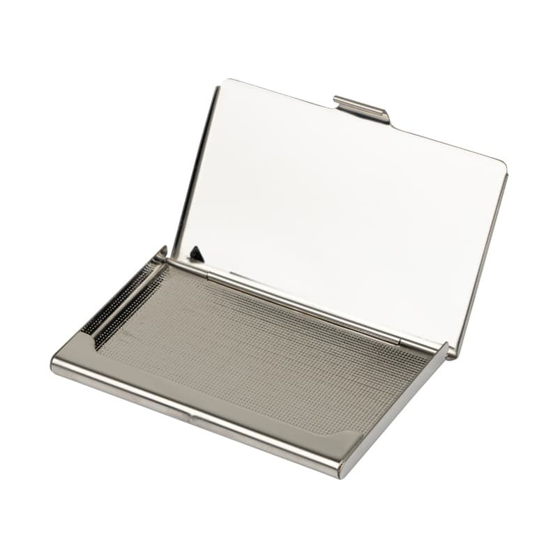 An open, metal business card case featuring a mirror on the interior of the lid and a mesh card holder, against a white backdrop.